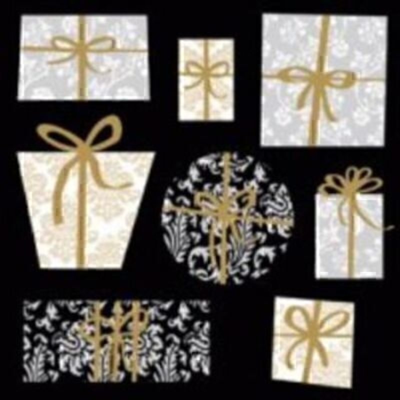 Presents Christmas Napkin - Black Black presents design napkin. 20 napkins in pack. 3 ply. 33x33cm. Environmentally friendly cellulose printed with water-based inks.